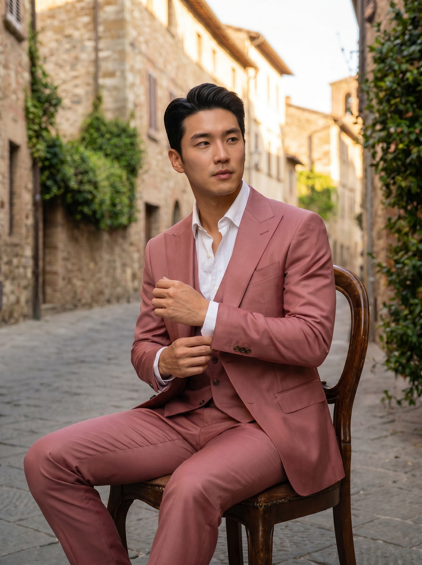 Dusty Rose Silk Blend 3-Piece Suit — Custom Made to Measure - seated view