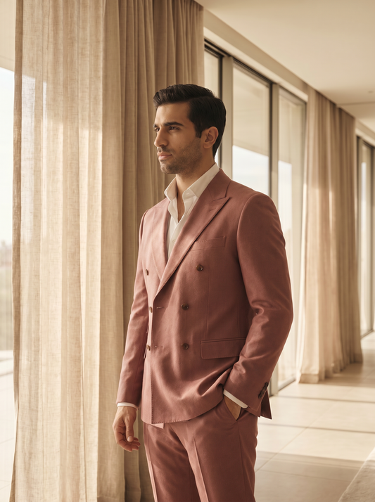 Dusty Rose Wool Double Breasted Suit — Custom Made to Measure - side view
