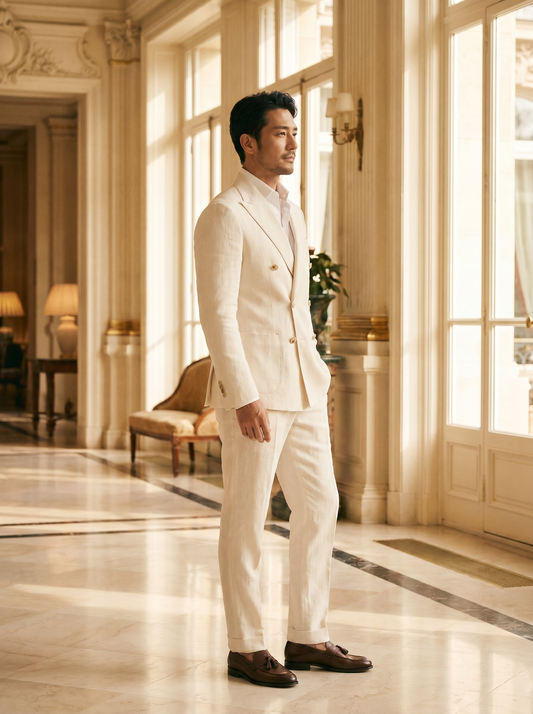 Ecru Linen Double Breasted Suit — Custom Made to Measure - side view