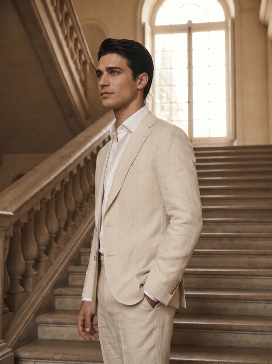 Ecru Linen Groomsmen Suit — Custom Made to Measure - side view