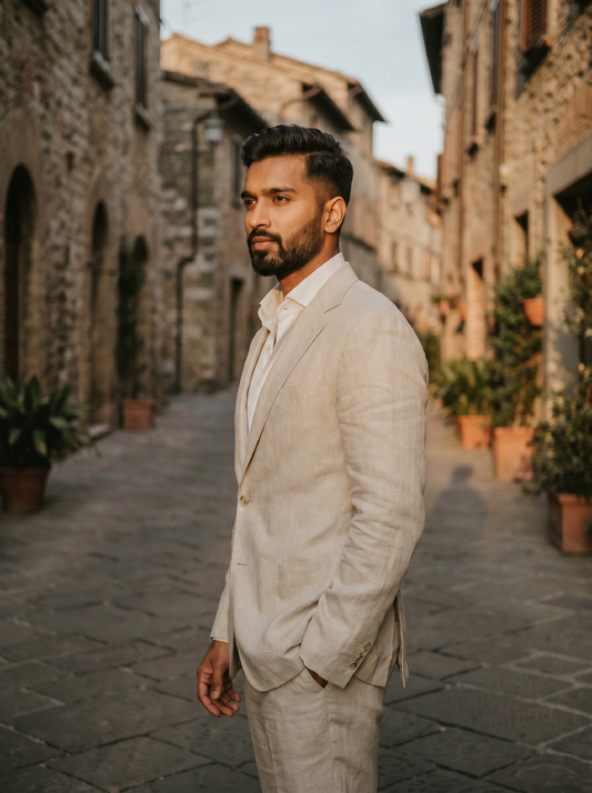 Ecru Linen Suit — Custom Made to Measure - side view