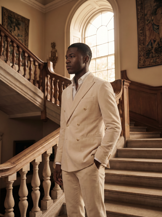 Ecru Velvet Double Breasted Suit — Custom Made to Measure - side view