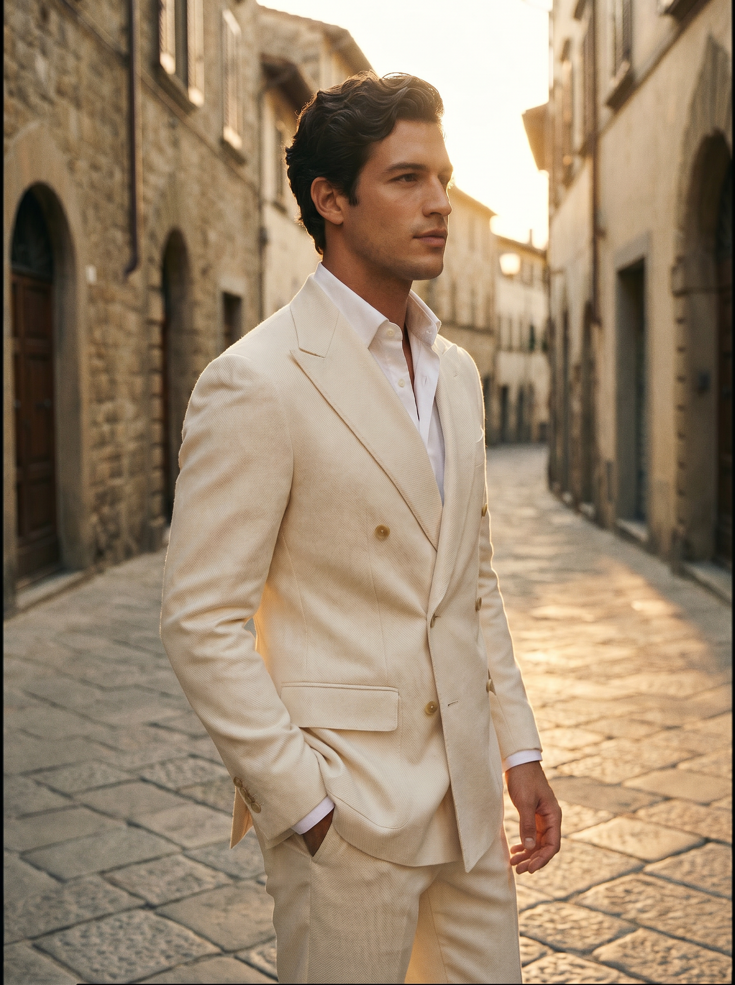 Ecru Wool Double Breasted Suit — Custom Made to Measure - side view