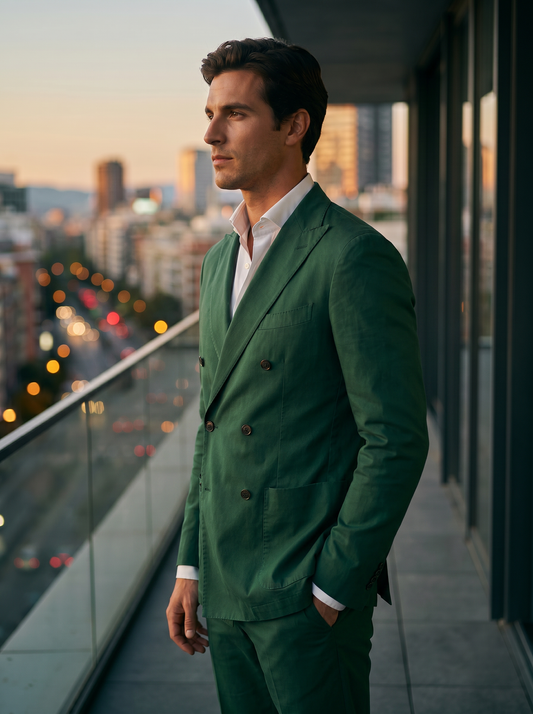 Emerald Green Cotton Double Breasted Suit — Custom Made to Measure - side view