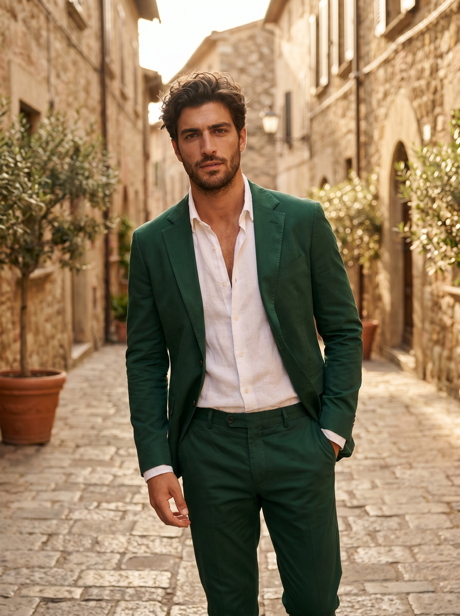 Emerald Green Cotton Groomsmen Suit — Custom Made to Measure