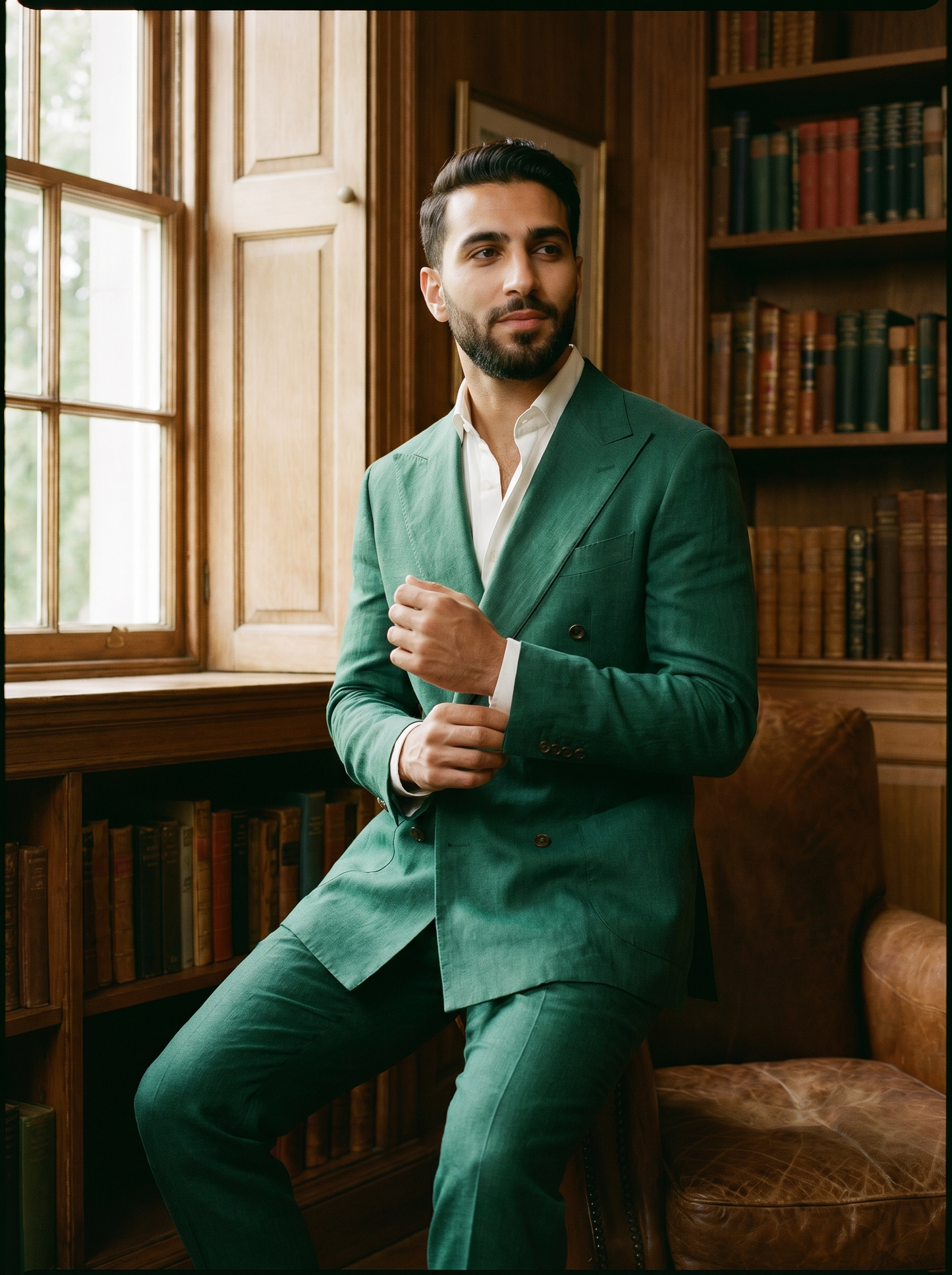 Emerald Green Linen Double Breasted Suit — Custom Made to Measure - seated view