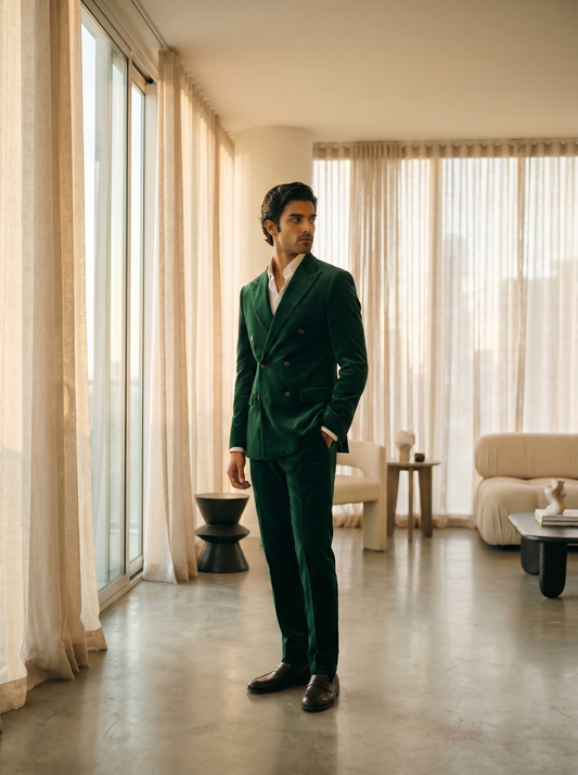Emerald Green Velvet Double Breasted Suit — Custom Made to Measure - side view