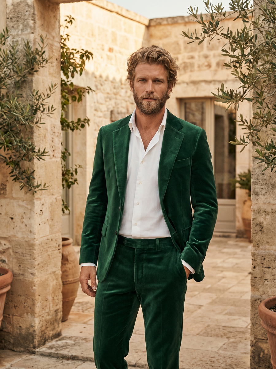 Emerald Green Velvet Groomsmen Suit — Custom Made to Measure