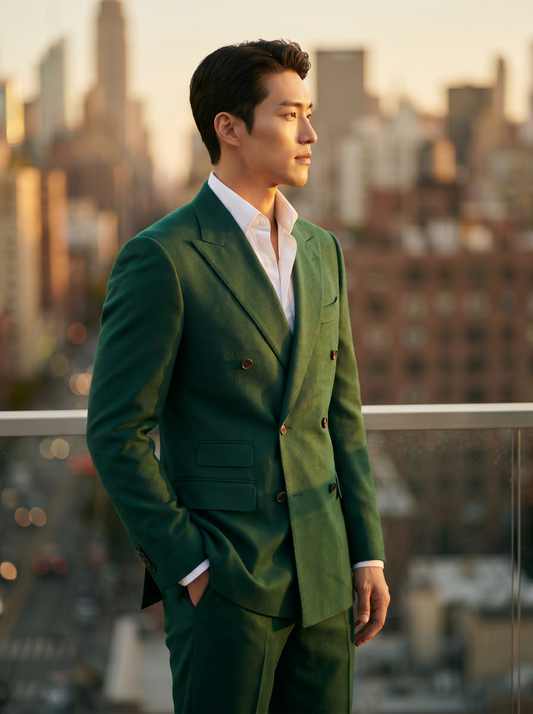 Emerald Green Wool Double Breasted Suit — Custom Made to Measure - side view