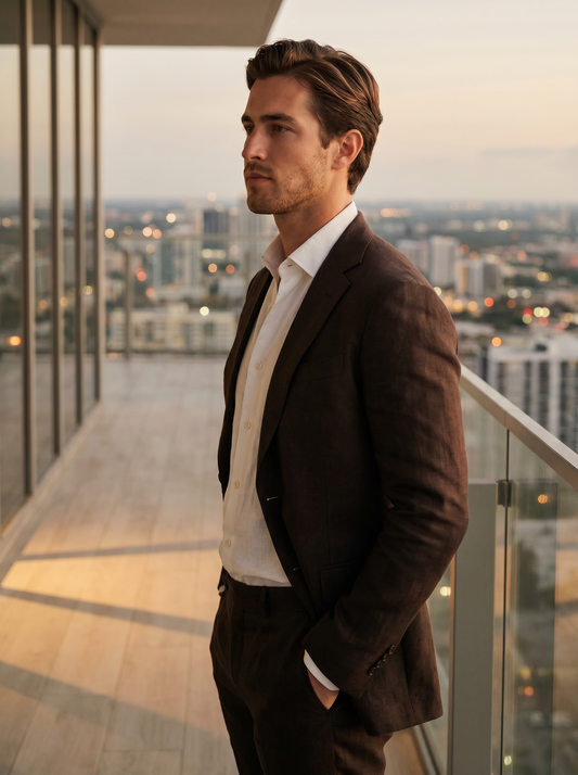 Espresso Linen Suit — Custom Made to Measure - side view