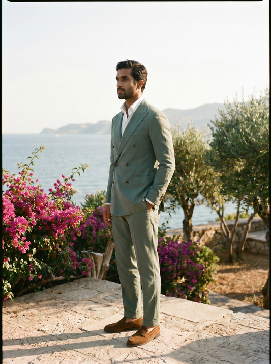 Eucalyptus Green Cotton Double Breasted Suit — Custom Made to Measure - side view