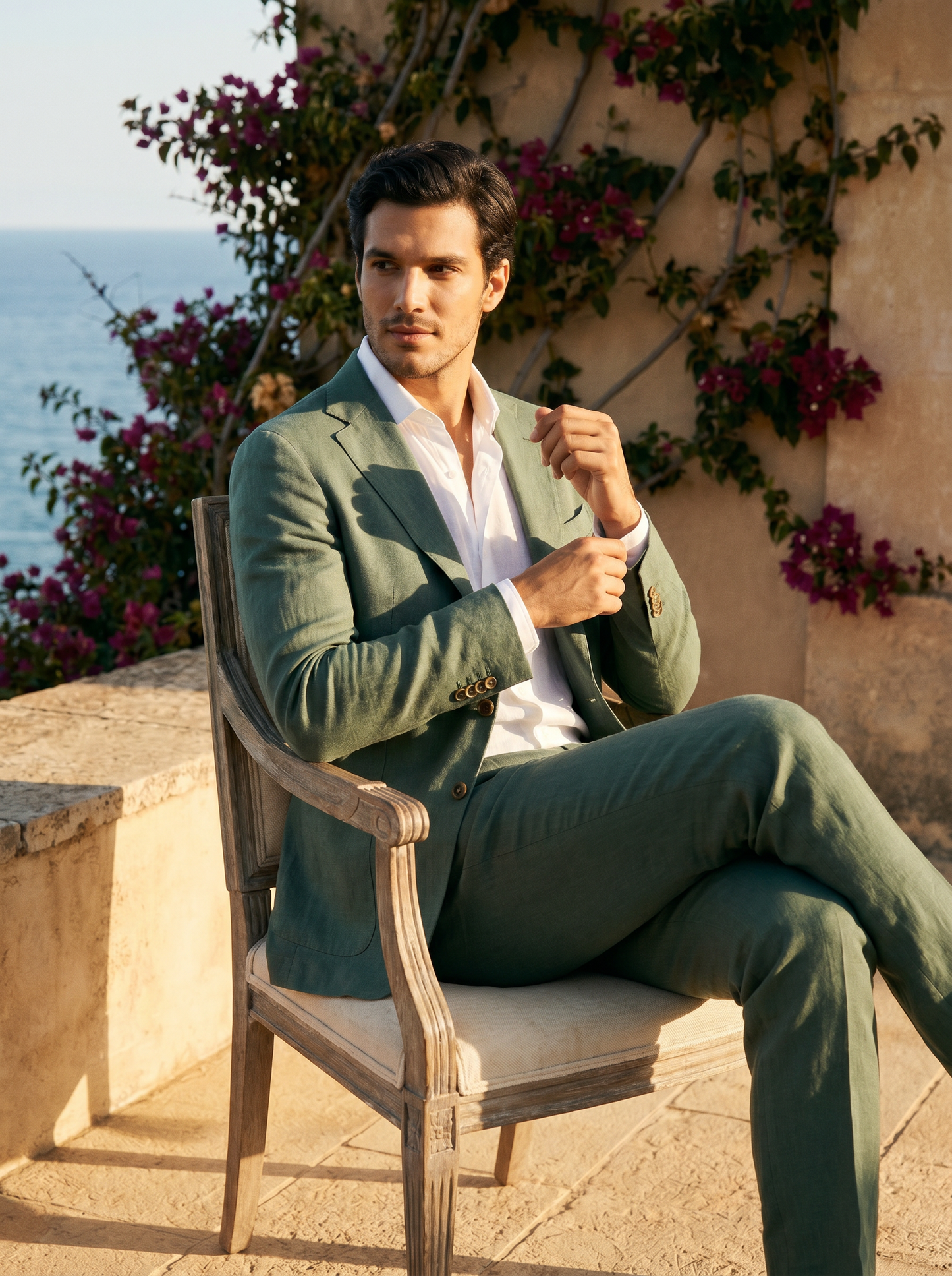 Eucalyptus Green Linen Suit — Custom Made to Measure - seated view