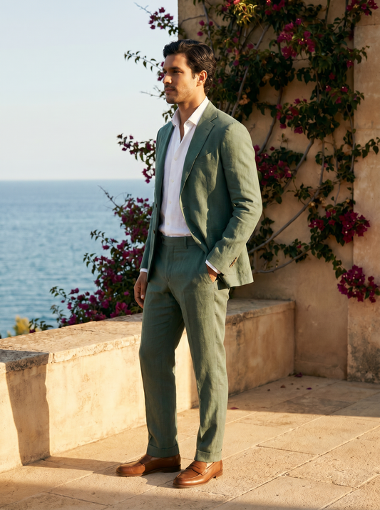 Eucalyptus Green Linen Suit — Custom Made to Measure - side view