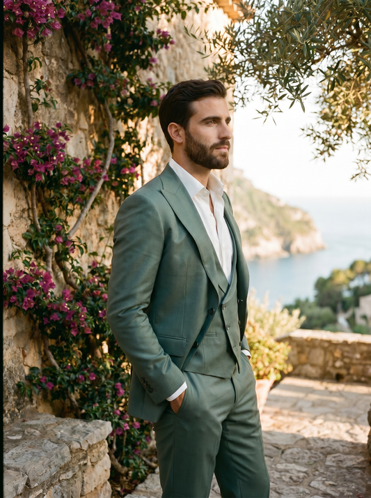 Eucalyptus Green Silk Blend 3-Piece Suit — Custom Made to Measure - side view