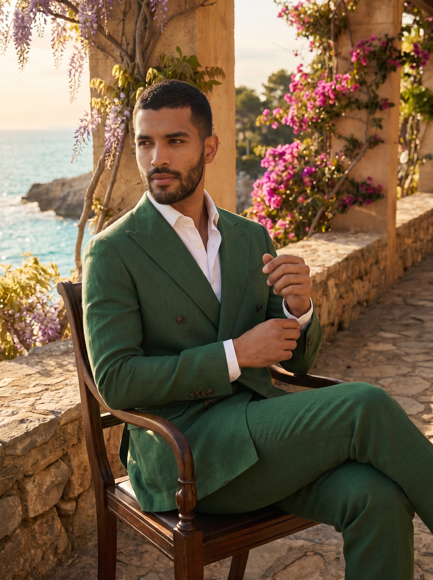 Forest Green Linen Double Breasted Suit — Custom Made to Measure - seated view