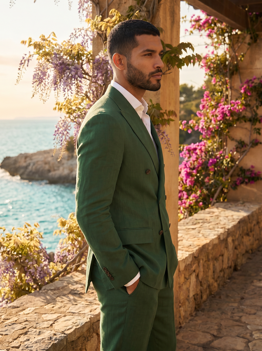 Forest Green Linen Double Breasted Suit — Custom Made to Measure - side view