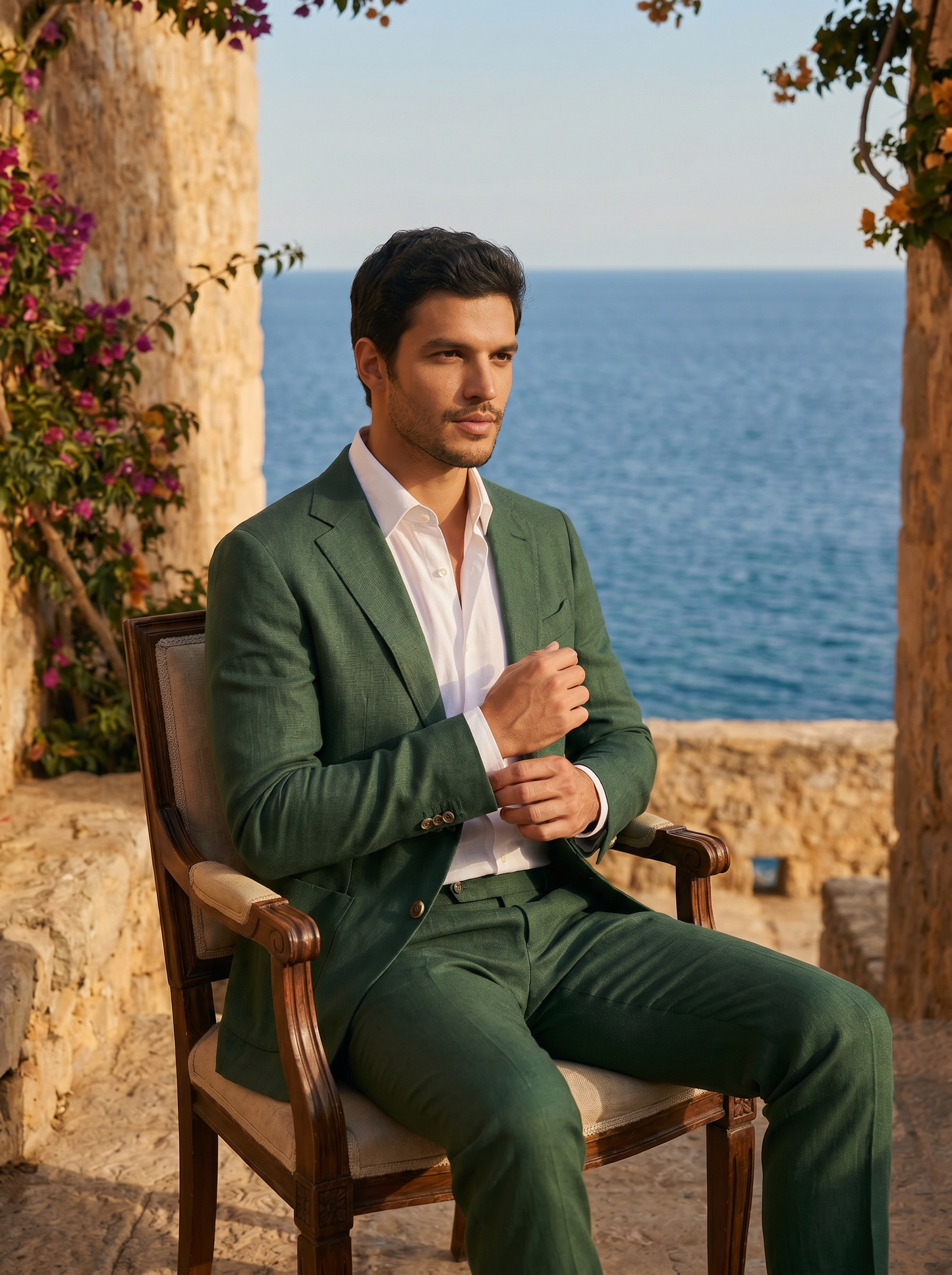 Forest Green Linen Groomsmen Suit — Custom Made to Measure - seated view