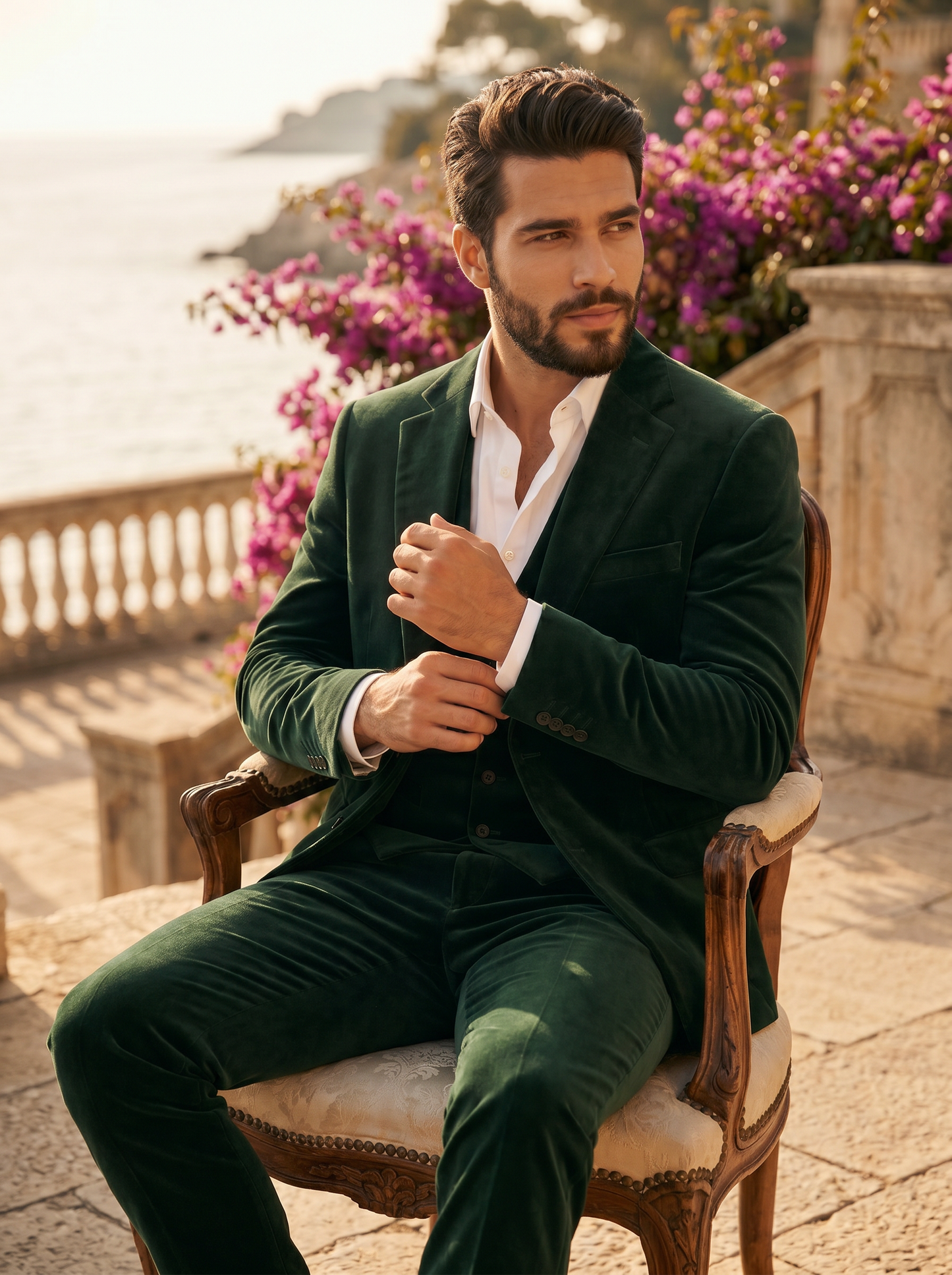 Forest Green Velvet 3-Piece Suit — Custom Made to Measure - seated view