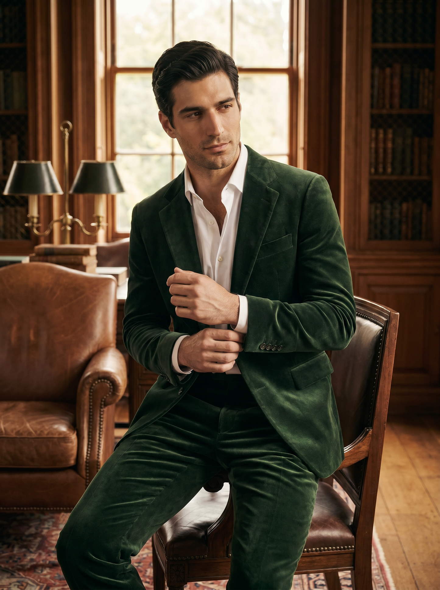 Forest Green Velvet Suit — Custom Made to Measure - seated view