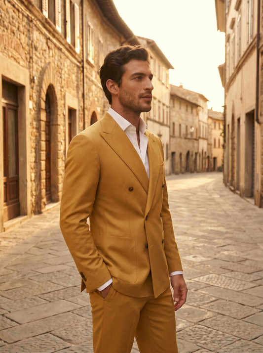 Gold Wool Double Breasted Suit — Custom Made to Measure - side view