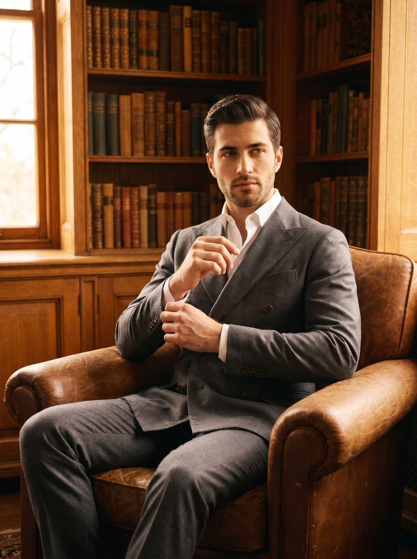 Graphite Gray Cotton Double Breasted Suit — Custom Made to Measure - seated view