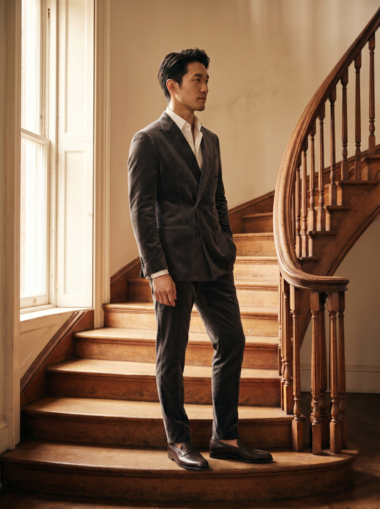 Gray Velvet Double Breasted Suit — Custom Made to Measure - side view