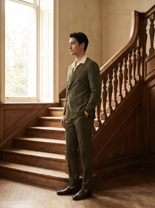 Green Cotton Double Breasted Suit — Custom Made to Measure - side view