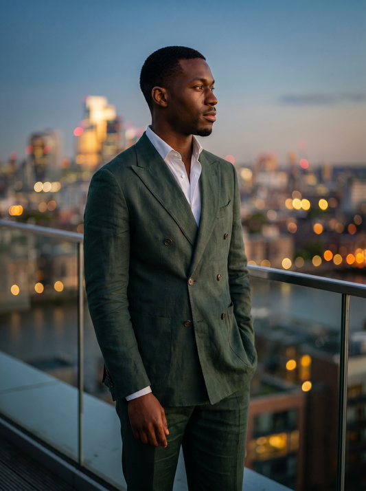 Green Linen Double Breasted Suit — Custom Made to Measure - side view