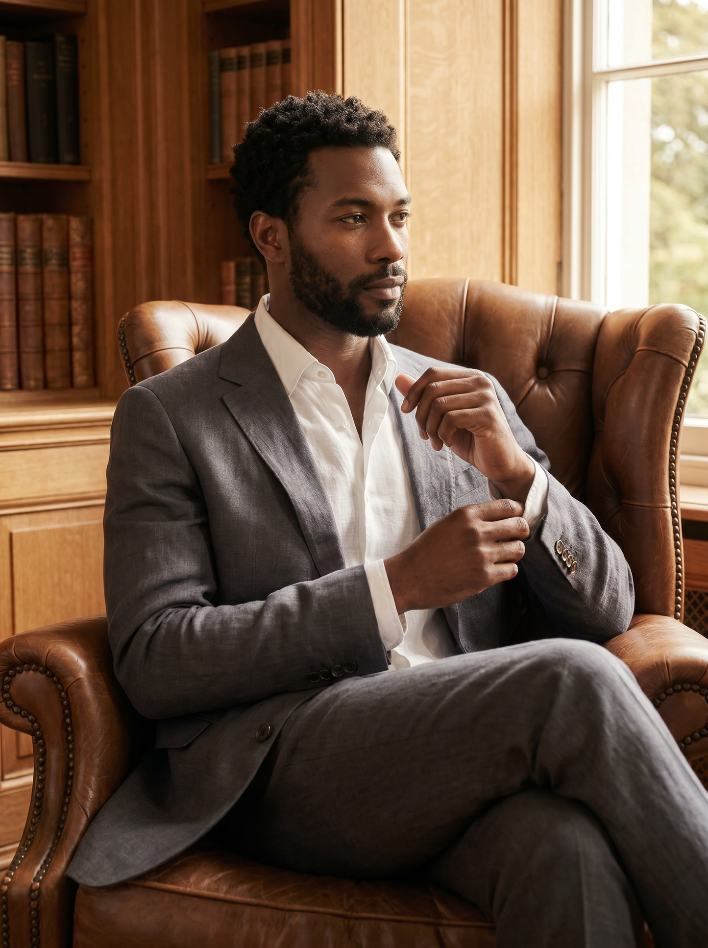 Grey Linen Suit — Custom Made to Measure - seated view