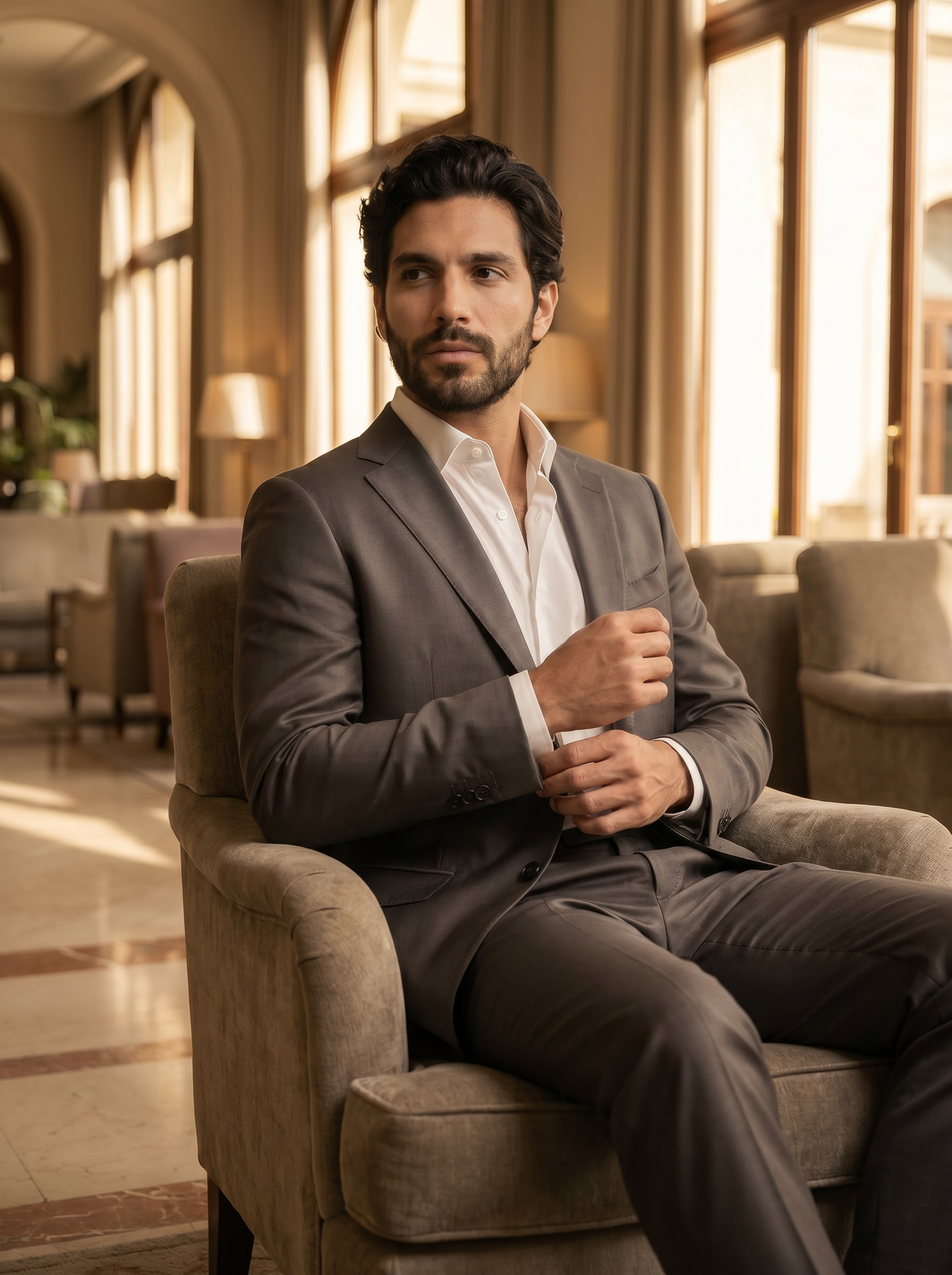 Grey Silk Blend Suit — Custom Made to Measure - seated view
