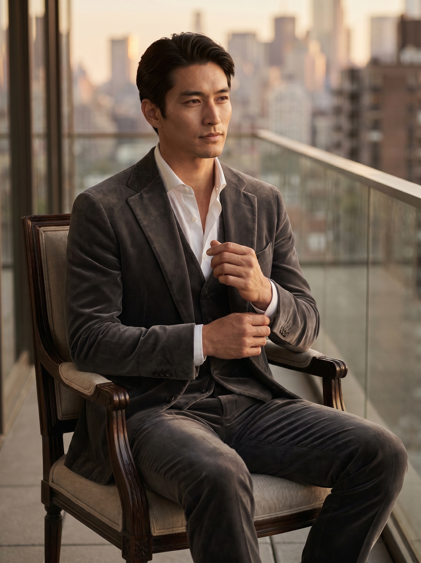 Grey Velvet 3-Piece Suit — Custom Made to Measure - seated view