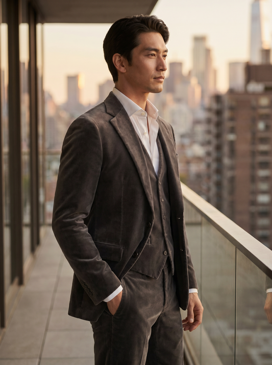 Grey Velvet 3-Piece Suit — Custom Made to Measure - side view