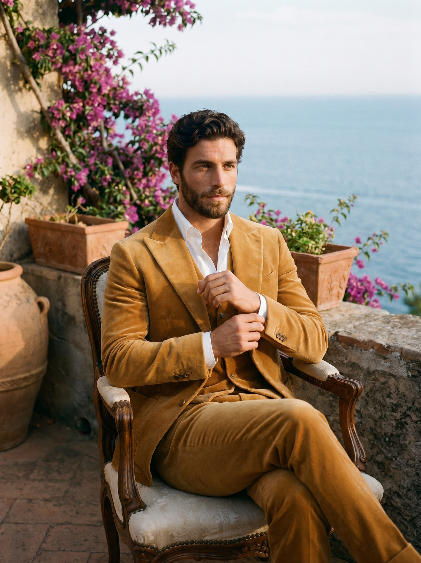 Honey Velvet 3-Piece Suit — Custom Made to Measure - seated view