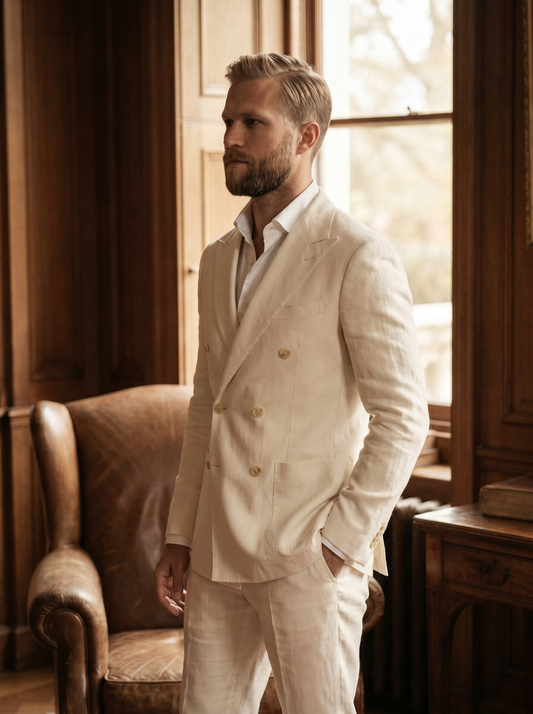 Ivory Linen Double Breasted Suit — Custom Made to Measure - side view