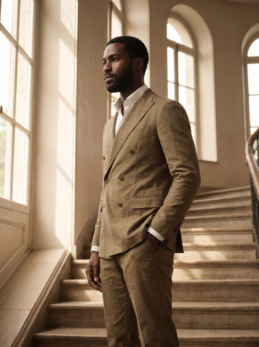 Khaki Cotton Double Breasted Suit — Custom Made to Measure - side view