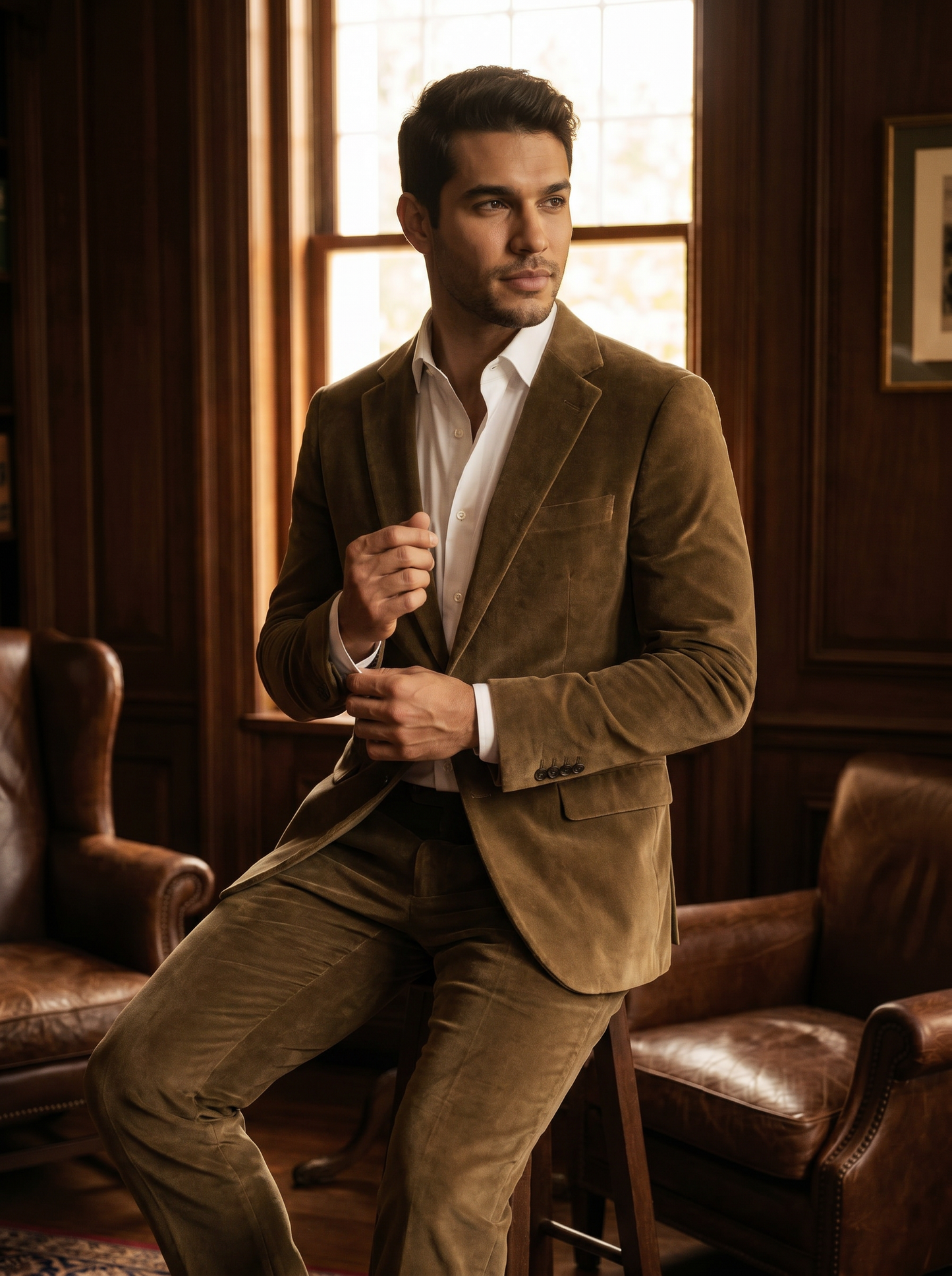 Khaki Velvet Suit — Custom Made to Measure - seated view