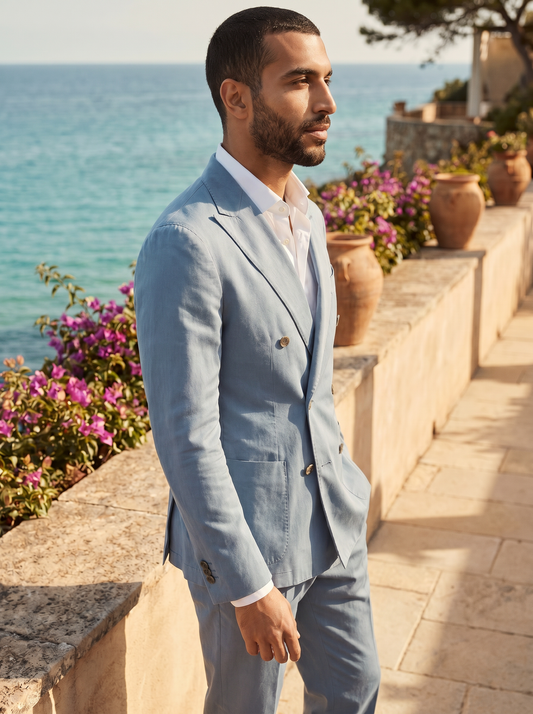 Light Blue Cotton Double Breasted Suit — Custom Made to Measure - side view