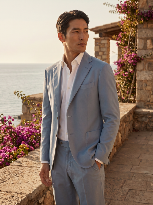 Light Blue Cotton Groomsmen Suit — Custom Made - side view