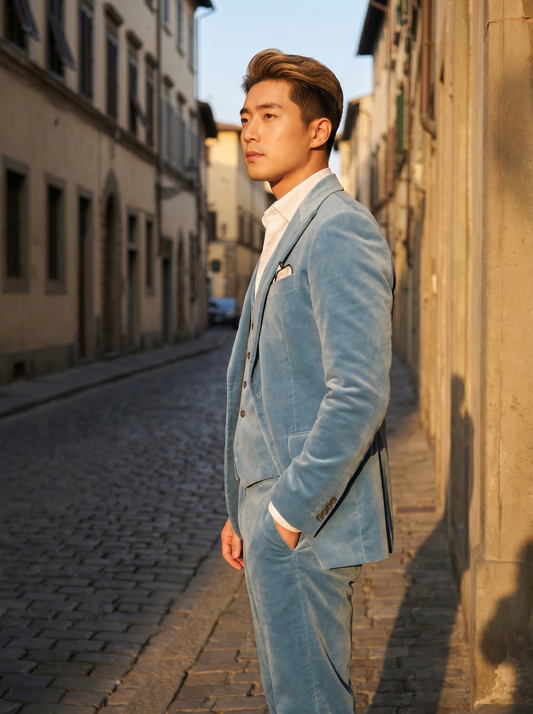 Light Blue Velvet 3-Piece Suit — Custom Made to Measure - side view