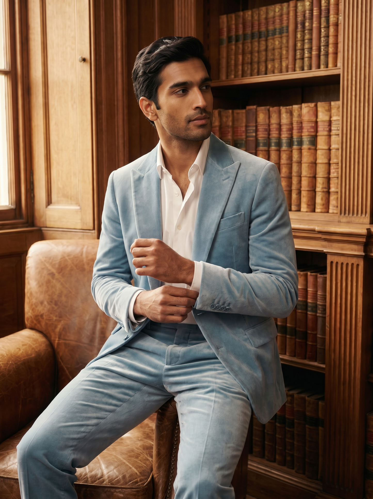 Light Blue Velvet Suit — Custom Made to Measure - seated view