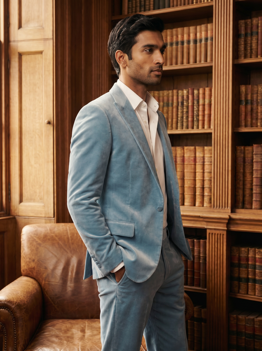 Light Blue Velvet Suit — Custom Made to Measure - side view