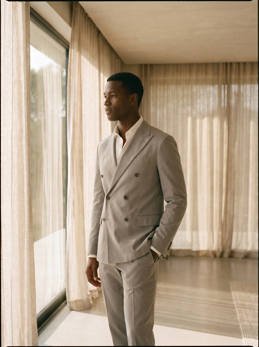 Light Gray Cotton Double Breasted Suit — Custom Made to Measure - side view