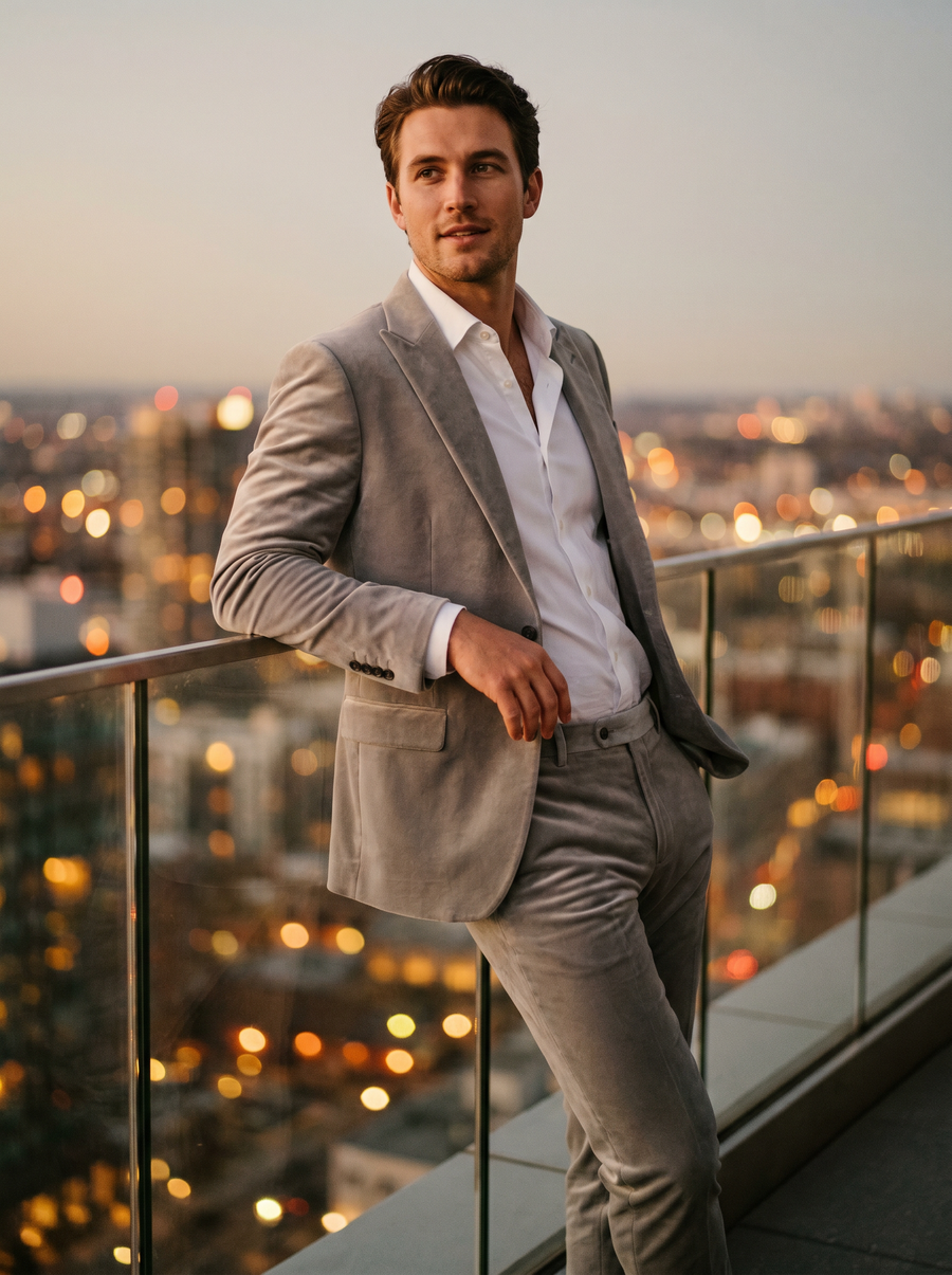 Light Gray Velvet Groomsmen Suit — Custom Made to Measure