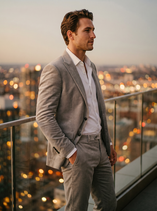 Light Gray Velvet Groomsmen Suit — Custom Made to Measure - side view