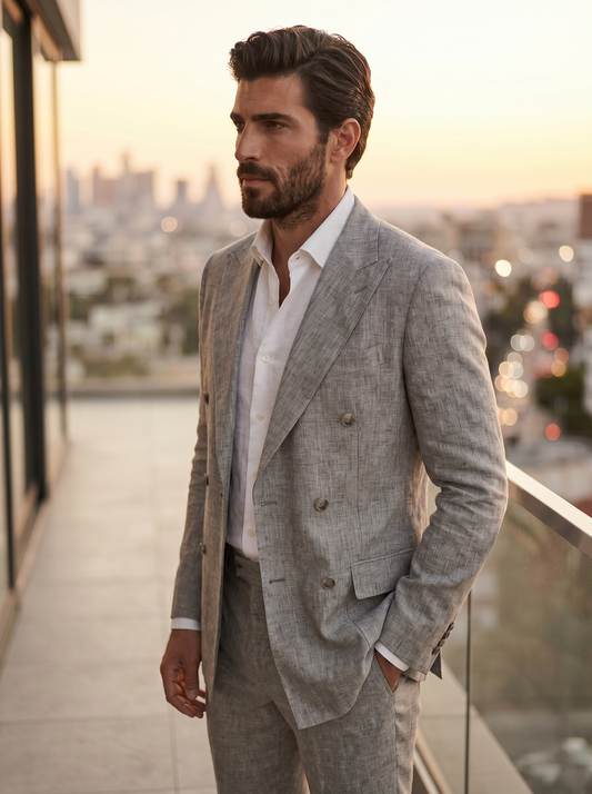 Light Grey Linen Double Breasted Suit — Custom Made to Measure - side view