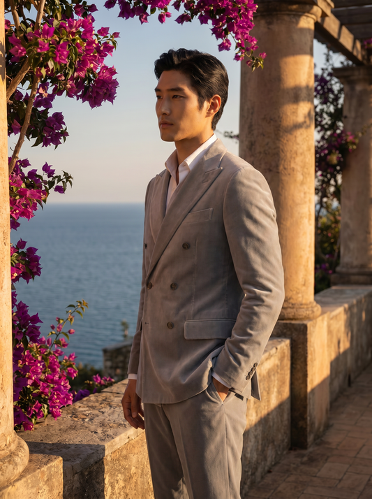 Light Grey Velvet Double Breasted Suit — Custom Made to Measure - side view