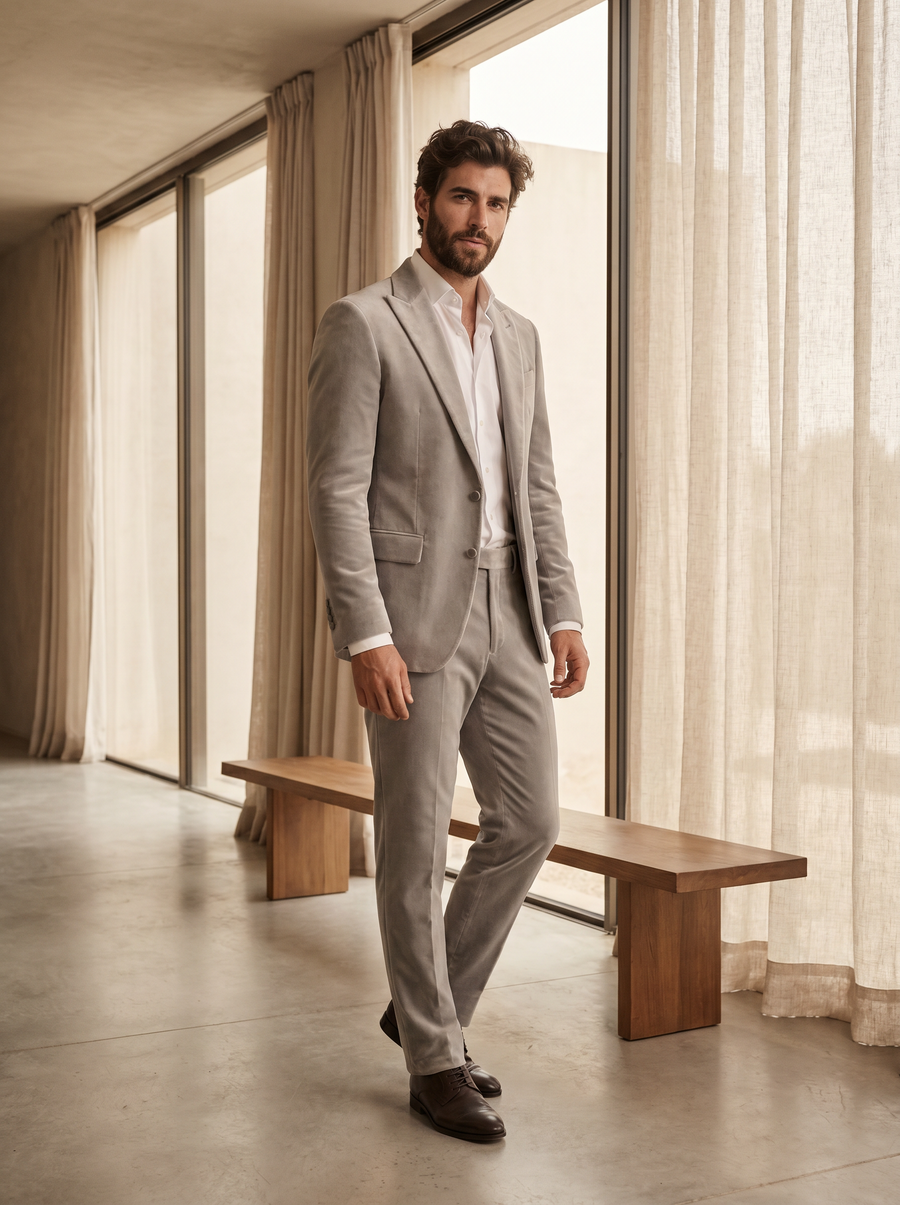 Light Grey Velvet Groomsmen Suit — Custom Made to Measure