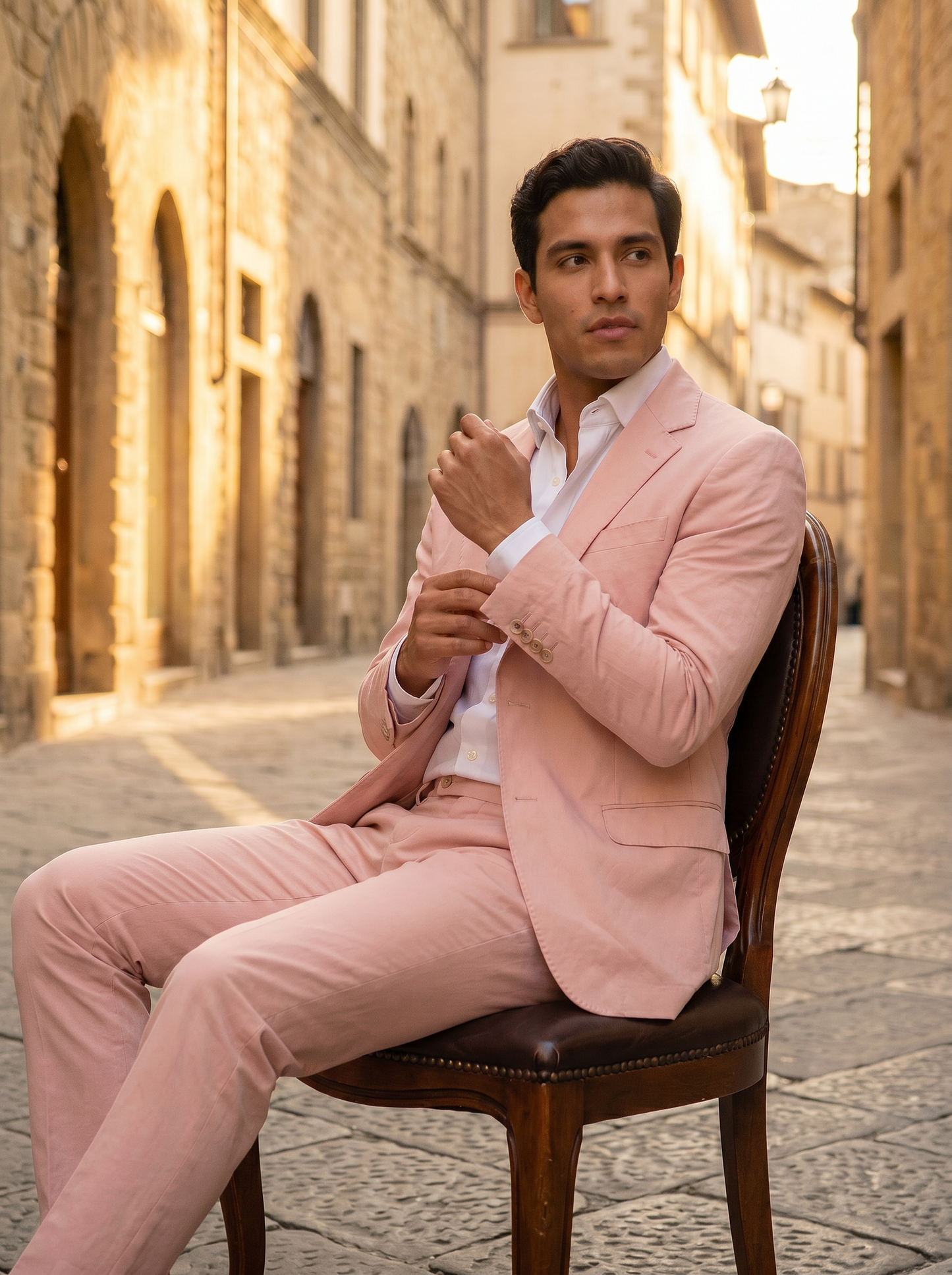 Light Pink Cotton Graduation Suit — Custom Made to Measure - seated view