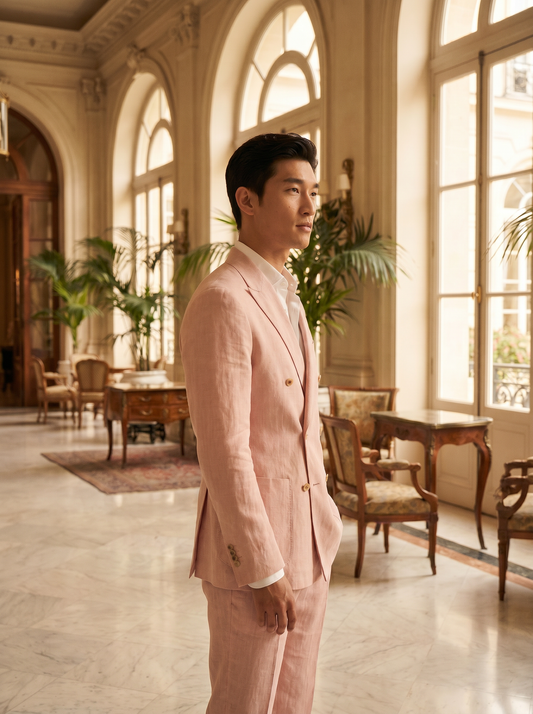 Light Pink Linen Double Breasted Suit — Custom Made to Measure - side view