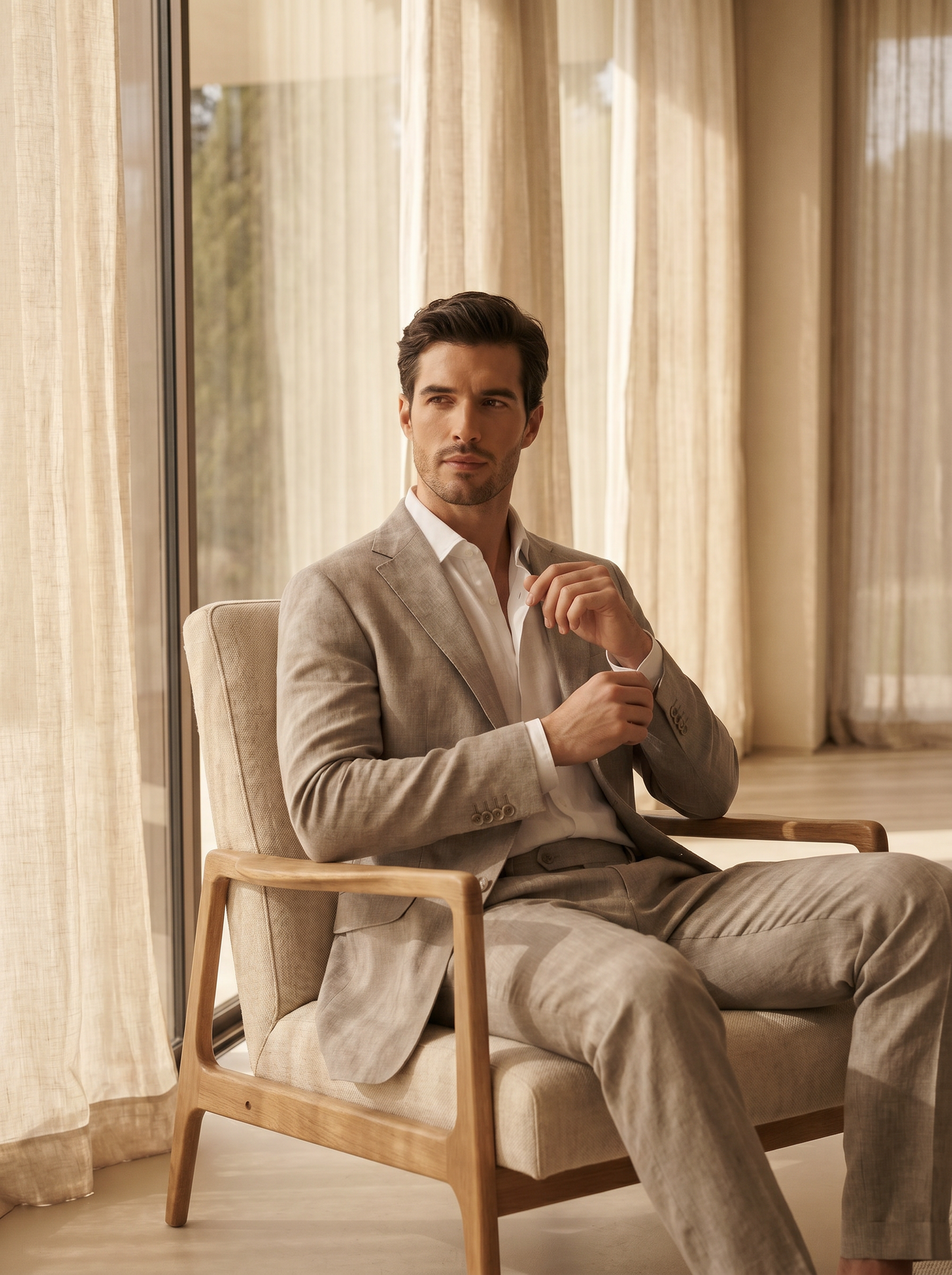 Light Taupe Linen Suit — Custom Made to Measure - seated view